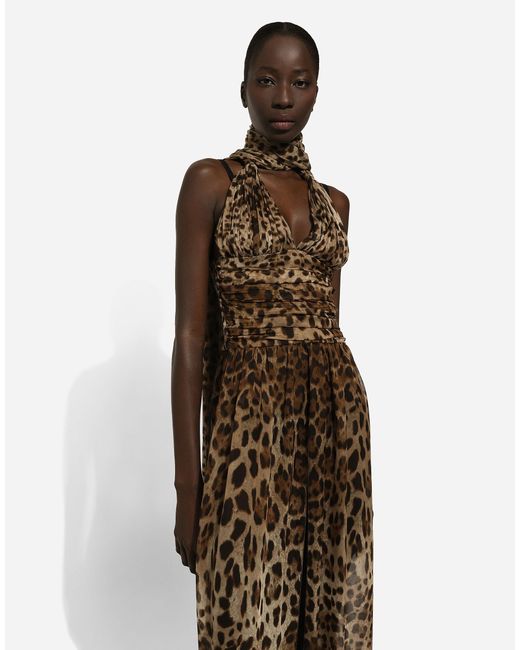 Dolce & Gabbana Natural Long Leopard-Printed Chiffon Dress