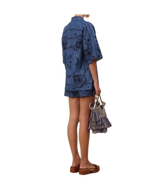 Zimmermann Blue Aster Embroidered Denim Shorts