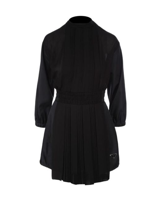 Prada Black Logo Plaque Long Sleeved Pleated Playsuit