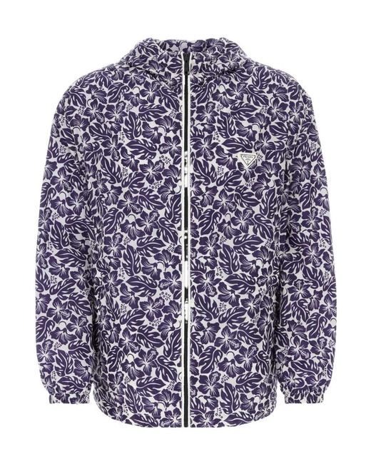 Prada Blue Hibiscus-Print Hooded Windbreaker for men
