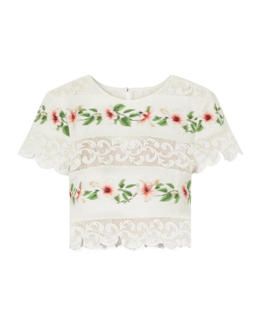 Oscar de la Renta White Floral-Print Lace-Trimmed Cotton-Blend Poplin Blouse