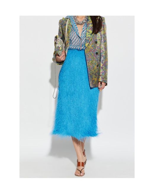 Dries Van Noten Blue Button Detailed Fringed Midi Skirt
