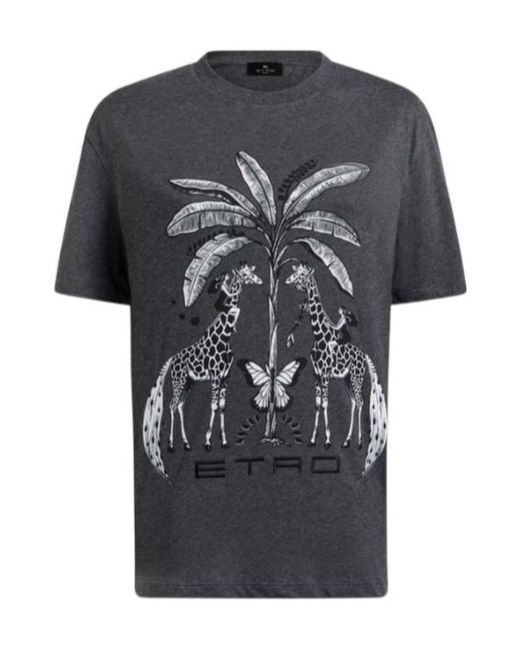 Etro Black Cotton Jersey T-Shirt With Placed Giraffe Print