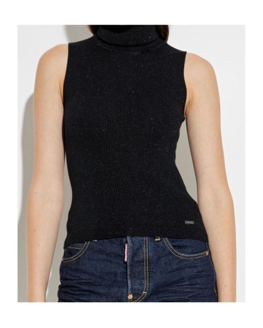 DSquared² Black High-Neck Ribbed-Knit Sleeveless Top