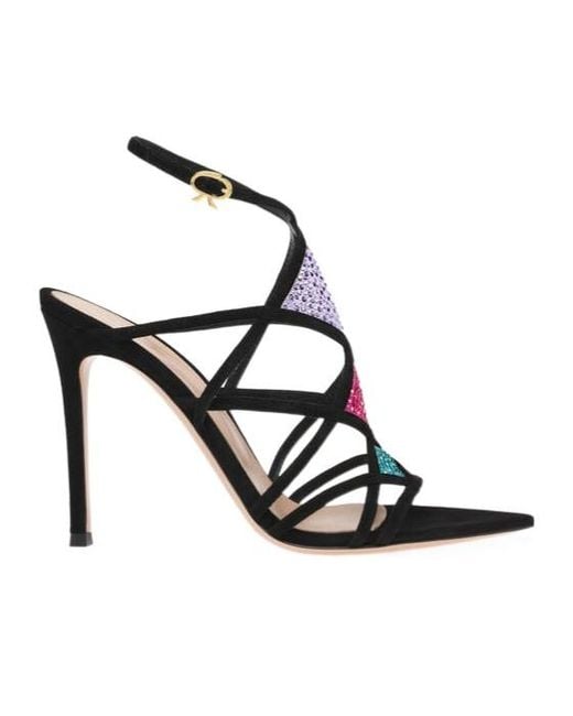 Gianvito Rossi Black Strappy Crystal Heeled Sandals