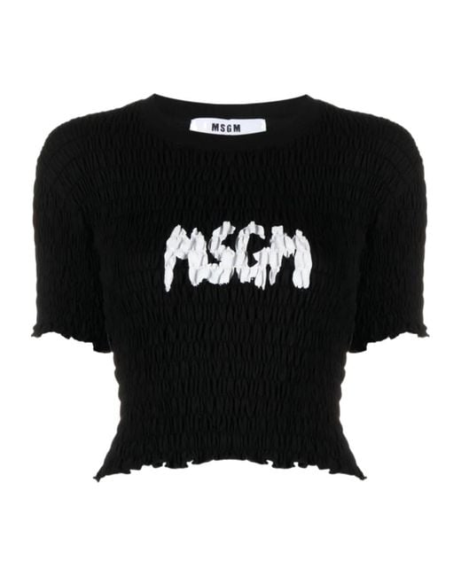 MSGM Black Logo-Printed Smocked Cropped Top