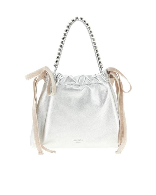 Jimmy Choo White Metallic Effect Drawstring Mini Handbag