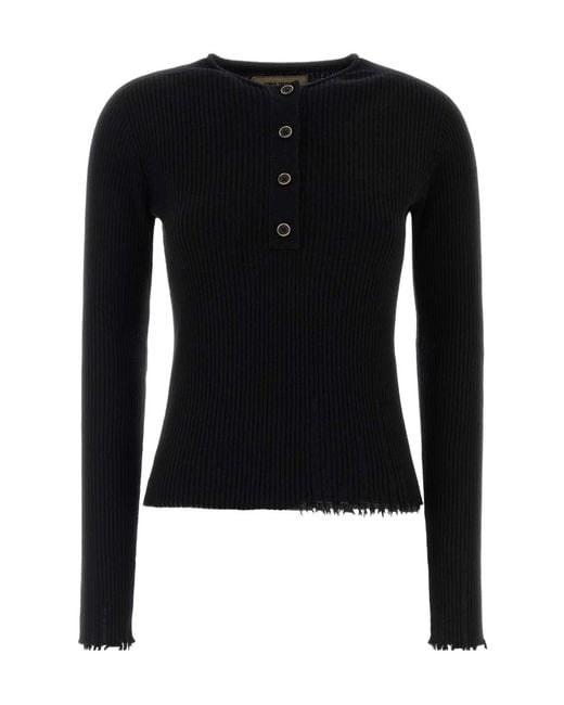 Uma Wang Black Ribbed Henley Knitted Top