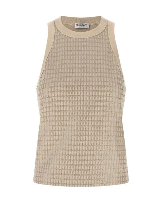 Brunello Cucinelli Natural Dazzling Check Embroidery Jersey Top