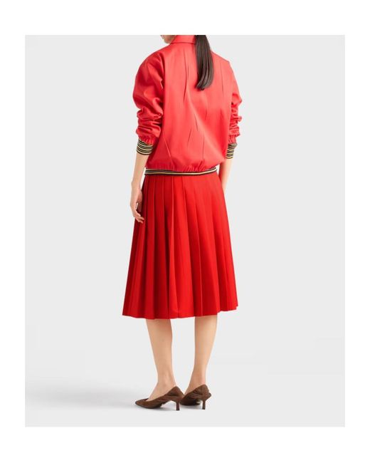 Prada Red Gabardine Pleated Midi Skirt