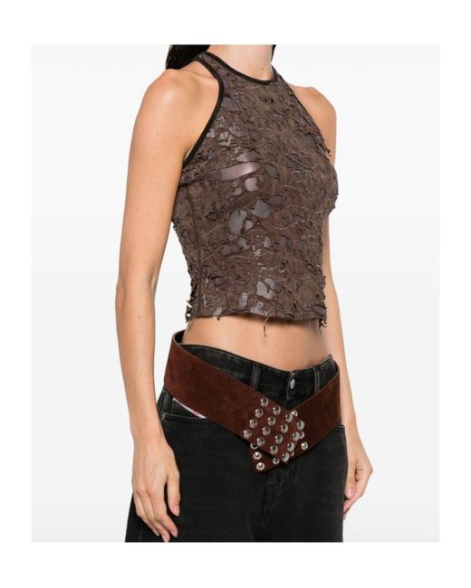 DIESEL Brown Logo Embroidered Distressed Sleeveless Top