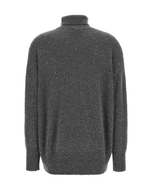 Brunello Cucinelli Gray Turtleneck Sequin Embellished Knitted Jumper