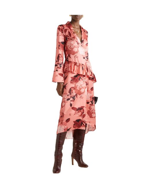 Mother Of Pearl Red Ruffled Floral-Print Satin Midi Dress