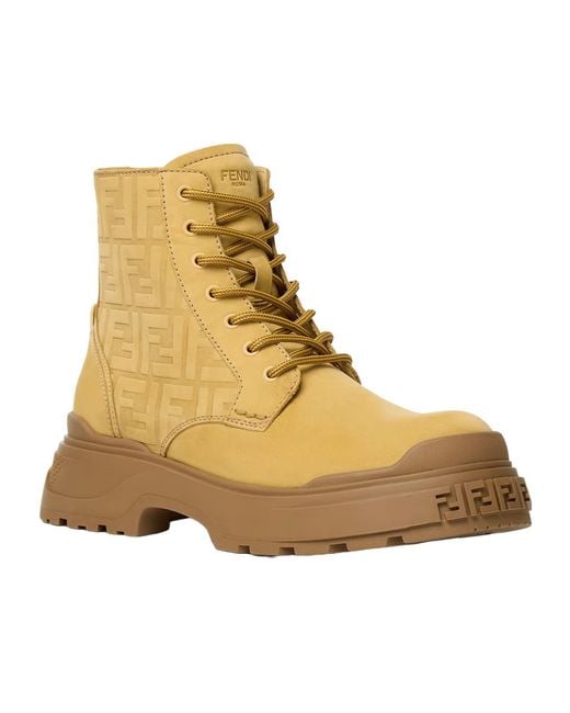 Fendi Natural Ochre Nubuck Embellished Boots With Ff Motif And Zip Closure for men