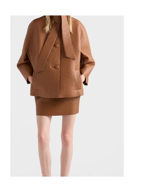 Prada Brown Nappa Leather Jacket With Scarf