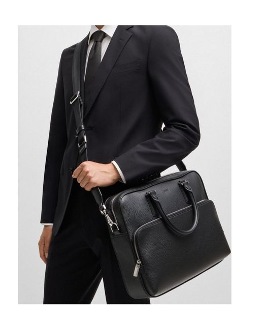 Boss Black Logo-Debossed Leather Laptop Bag for men