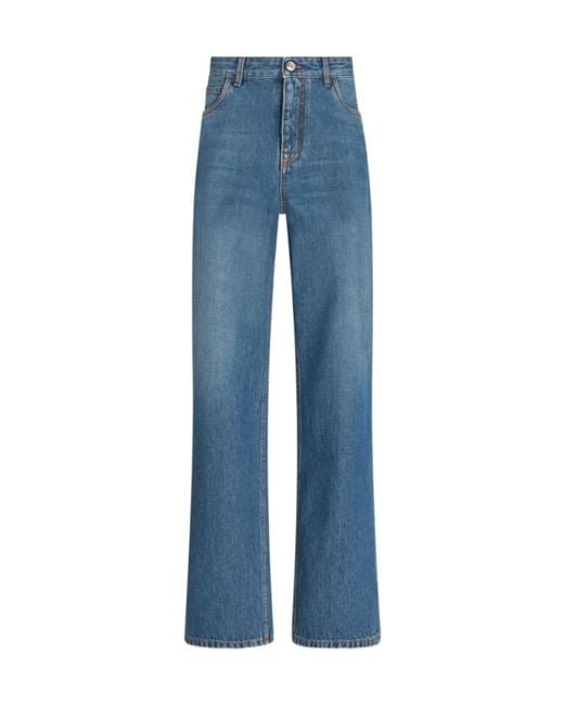 Etro Blue High-Waist Pegaso-Embroidered Wide-Leg Jeans