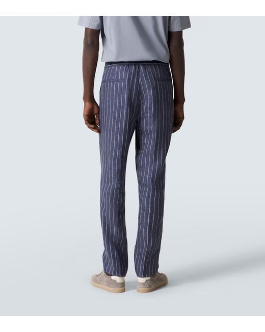 Brunello Cucinelli Blue Striped Linen Straight Pants for men