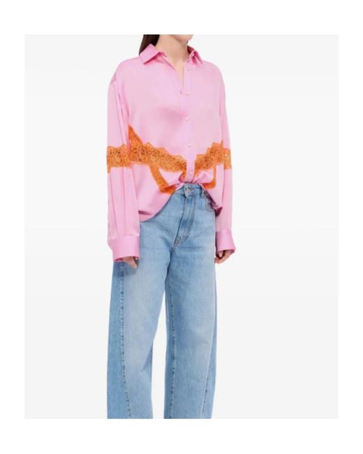 MSGM Pink Lace Panel Button-Up Shirt