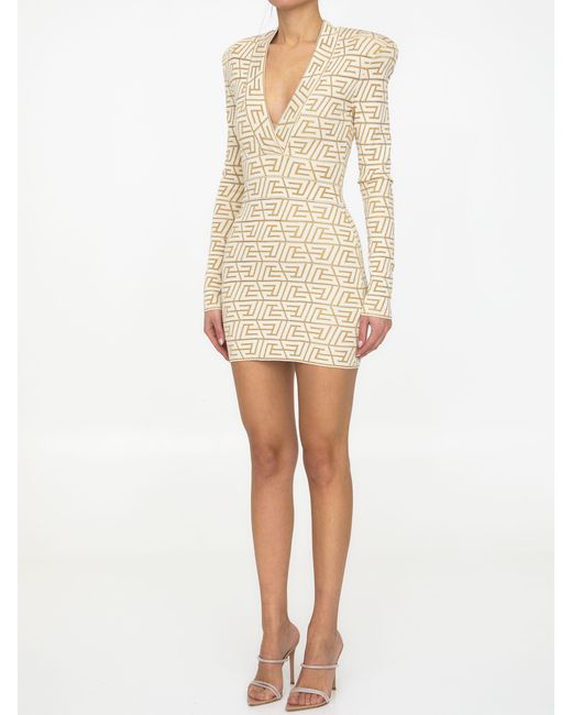 Balmain Natural V-Neck Monogram Knitted Dress