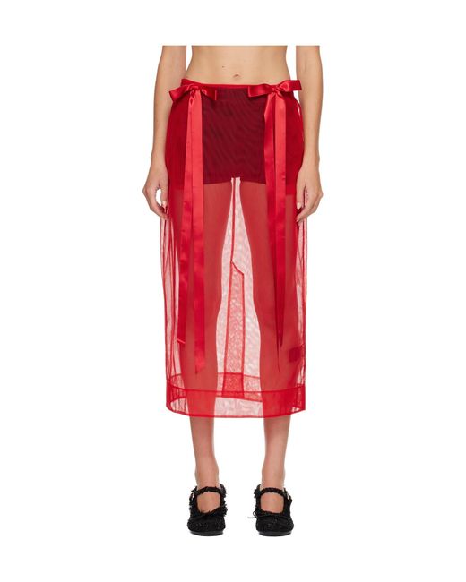 Simone Rocha Red Sheer Bow Ribbon Pencil Midi Skirt
