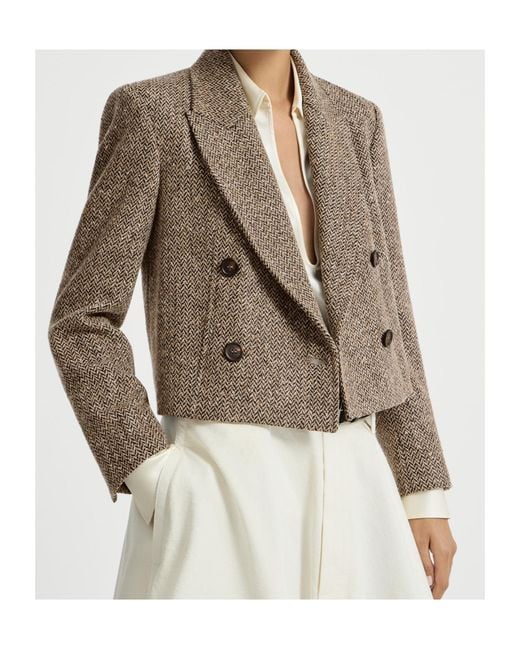 Brunello Cucinelli Brown Sparkling Virgin Wool Chevron Cropped Blazer
