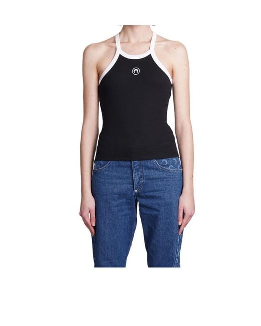 MARINE SERRE Black Crescent Moon Embroidered Racerback Ribbed Top