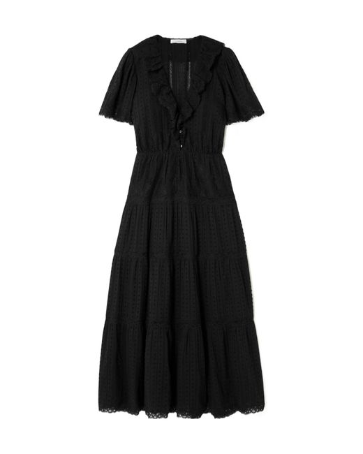 Doen Black Gabriella Ruffled Tiered Lace-Trimmed Point D'Esprit Cotton Dress