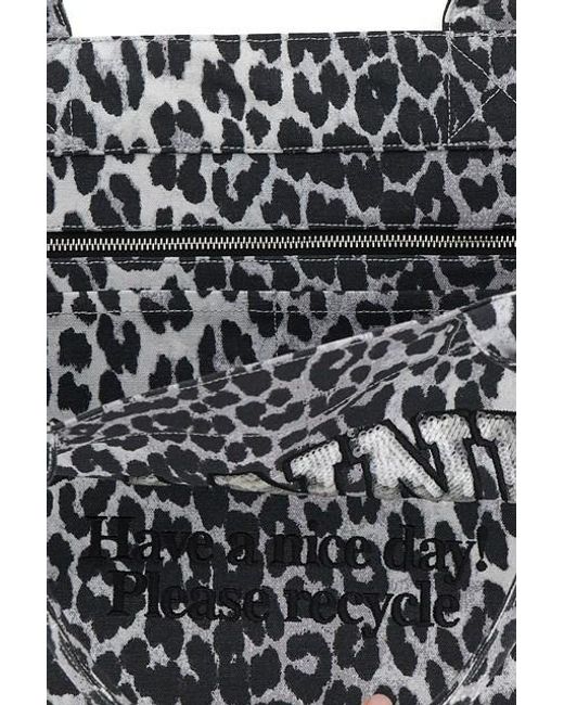 Ganni Black Leopard Printed Medium Tote Bag