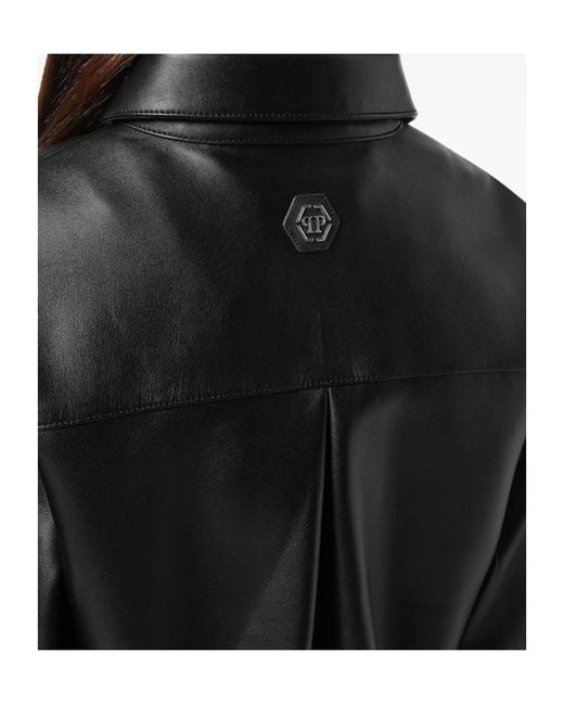 Philipp Plein Black Leather Cropped Shirt