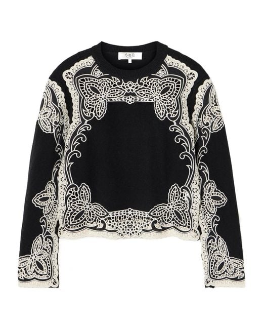 Sea Black Madeira Embroidery Patchwork Sweater