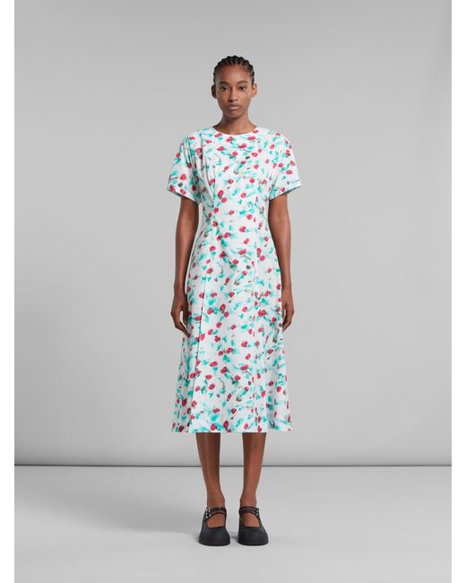 Marni Blue Floral Printed Short-Sleeved Midi Dress