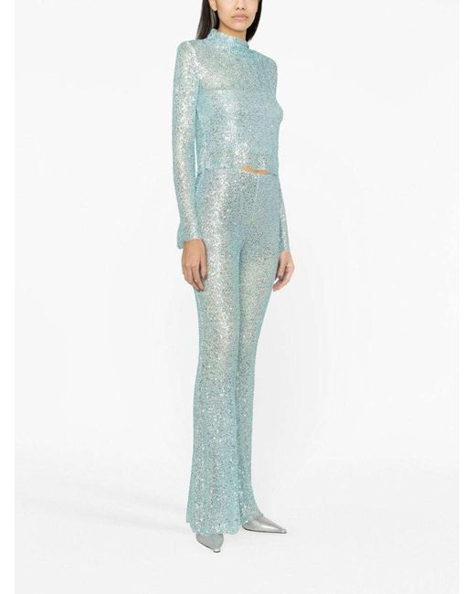 Self-Portrait Blue Sequin-Embellished Fishnet Trousers