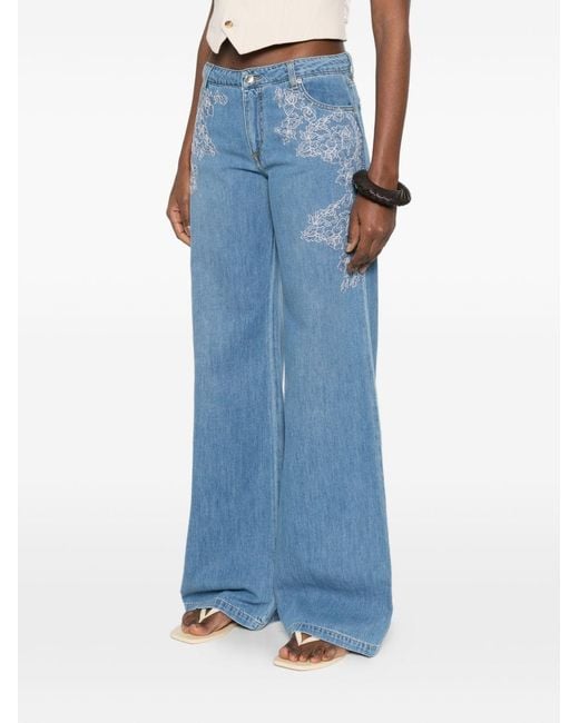 ERMANNO FIRENZE Blue Floral Embroidered Wide-Leg Jeans