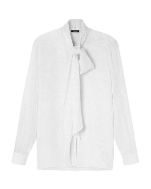 Versace White Barocco-Jacquard Pussy-Bow Blouse