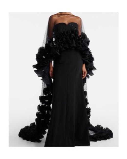 Jenny Packham Black Ruffled Caped Gown