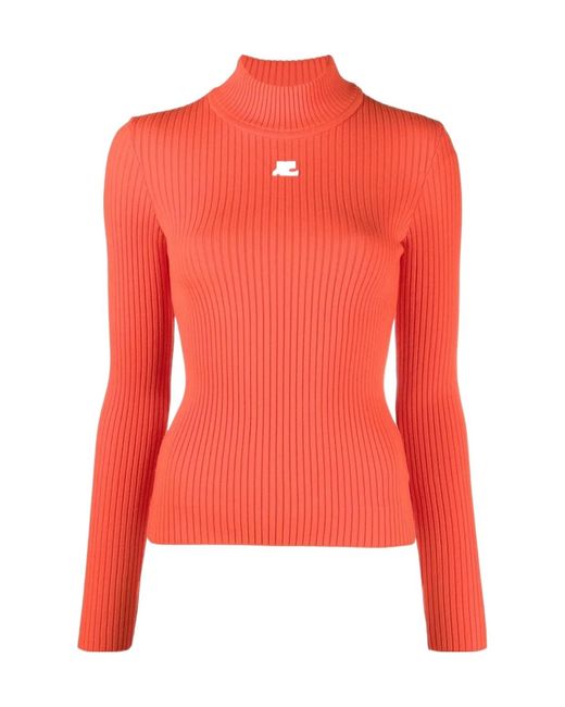 Courreges Red Logo-Patch Roll Neck Jumper