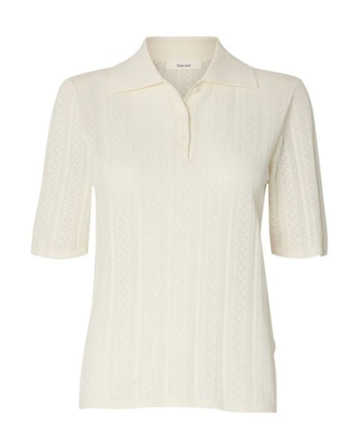 SELECTED White Cotton Knitted Polo Shirt