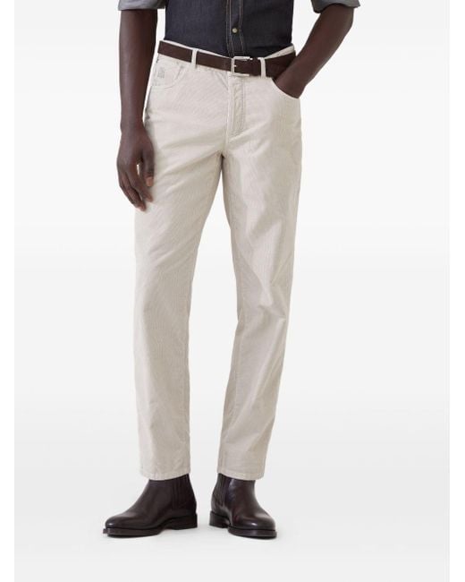 Brunello Cucinelli White Logo Patch Straight-Leg Trousers for men