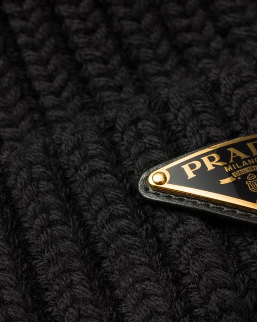 Prada Black Triangle-Logo Turn-Up Brim Ribbed Beanie