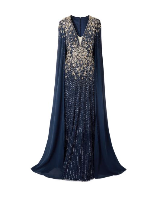 Jenny Packham Blue Cape-Style Long Dress
