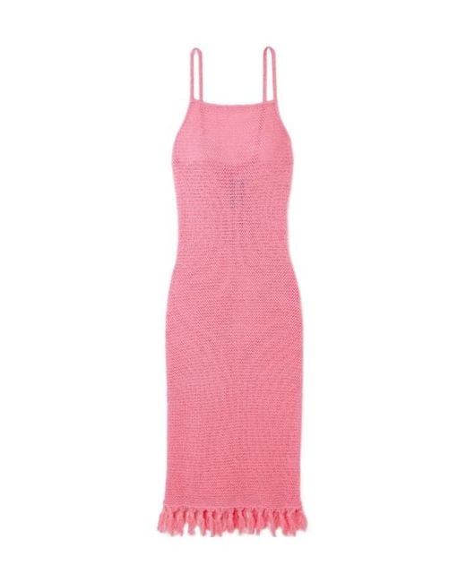 The Elder Statesman Pink Fringed Open-Knit Cotton Midi Dress