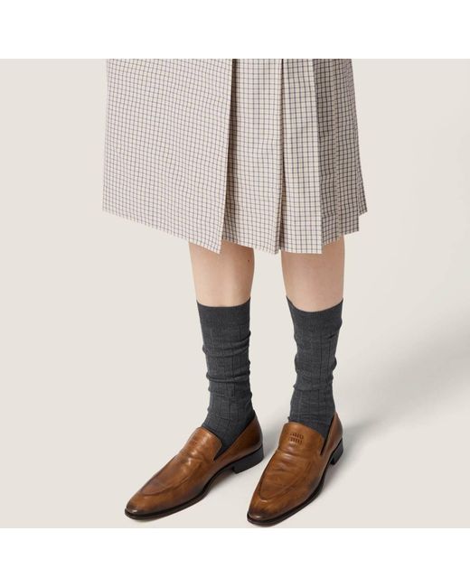 Miu Miu Natural Checked Pleated Midi Skirt