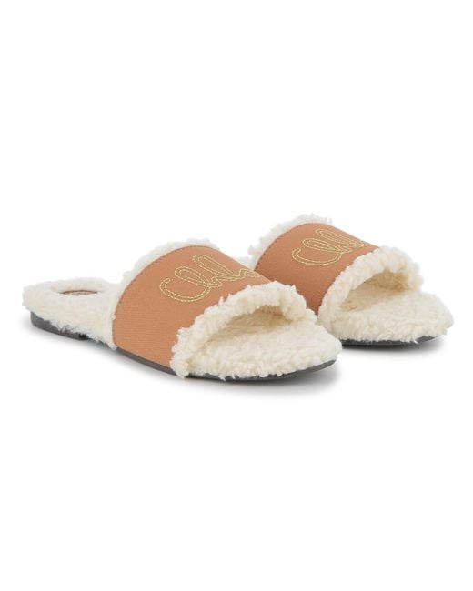 Chloé White Shearling-Effect Logo-Embroidered Sandals