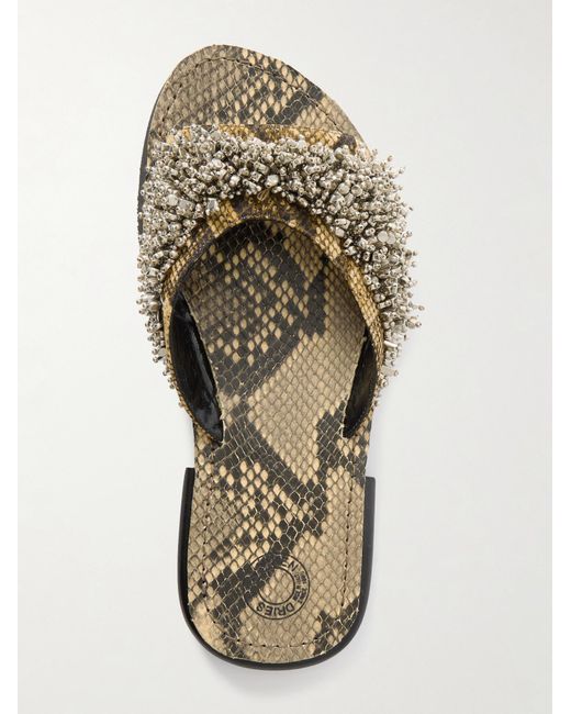 Dries Van Noten White Embellished Snake-Effect Leather Slides