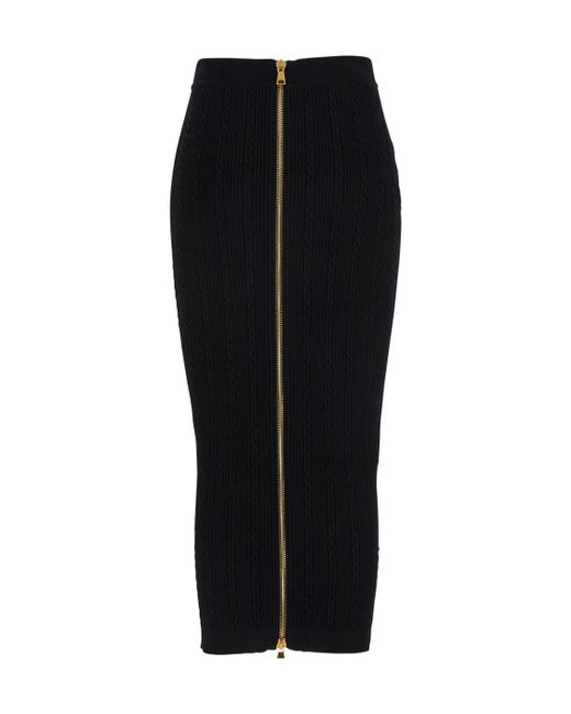 Balmain Black Cable-Knit Midi Skirt