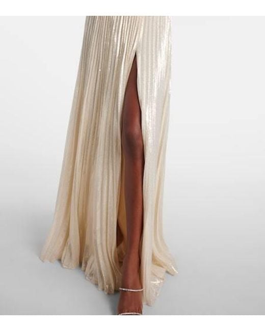 Self-Portrait White Asymmetric Draped Silk-Blend Chiffon Maxi Dress