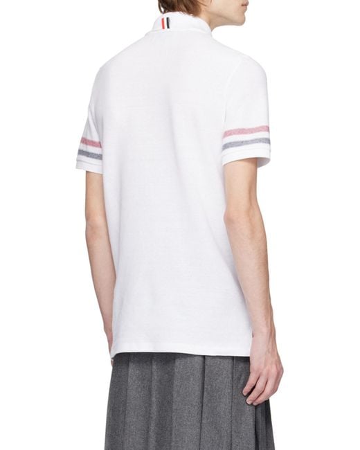 Thom Browne White Logo Patch Striped Polo Shirt for men