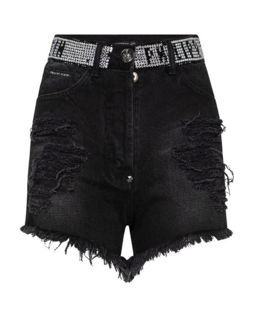 Philipp Plein Black And Logo Details Denim Shorts