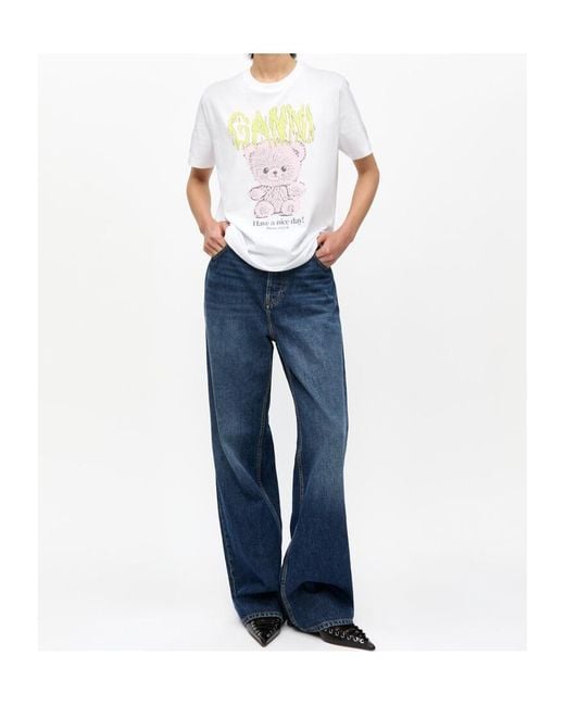 Ganni White Logo Printed Crewneck T-Shirt